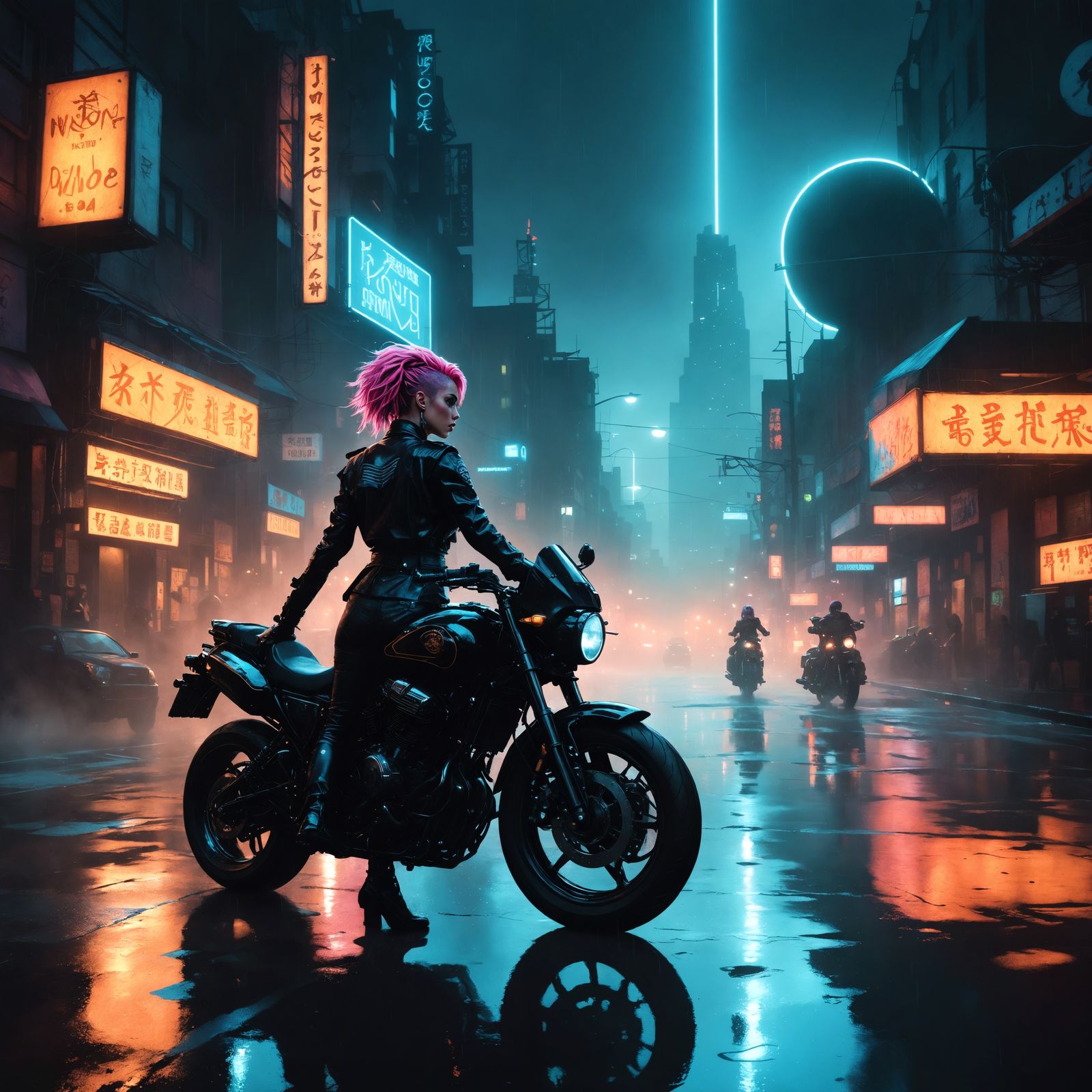 Cyberpunk Woman Rides Through Rainy City Street