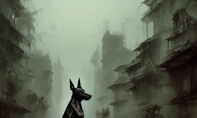 Xoloitzcuintle and Wolf Skull in Dark, Detailed Environment