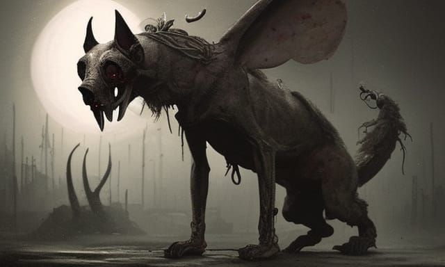 Xoloitzcuintle with Wolf Skull in Dark Street