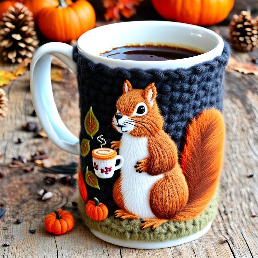 Cozy Squirrel in Autumn Coat with Coffee