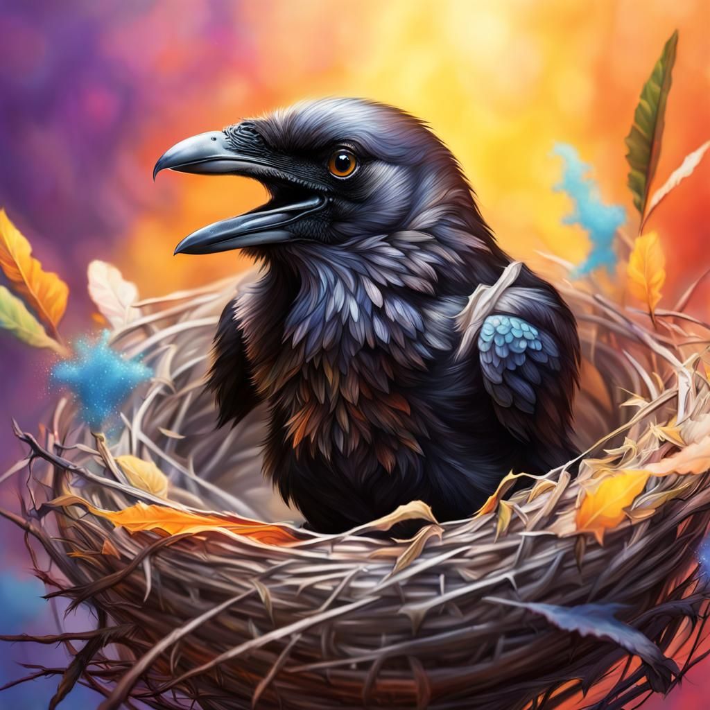 Hyperrealistic Fuzzy Baby Crow in Nest: Splash Art