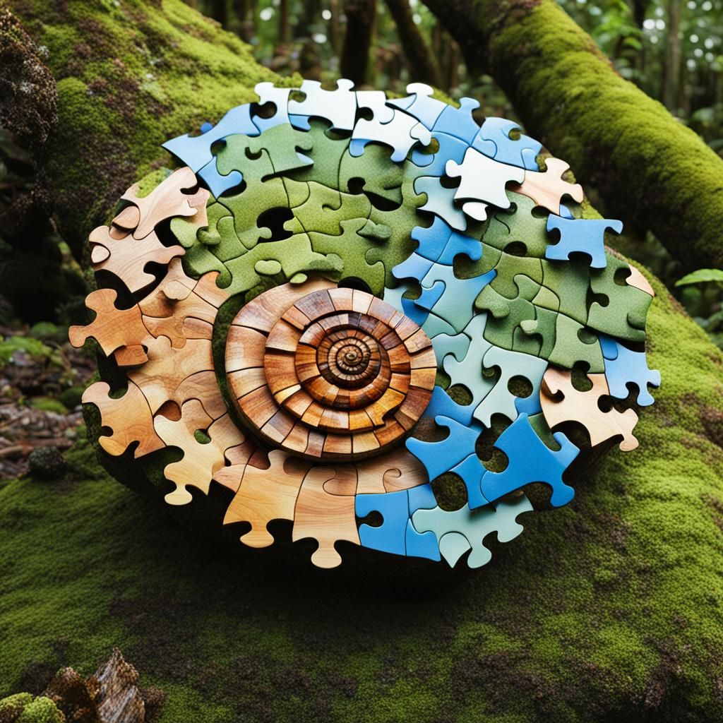 Seashell Puzzle on Mossy Log in Rainforest
