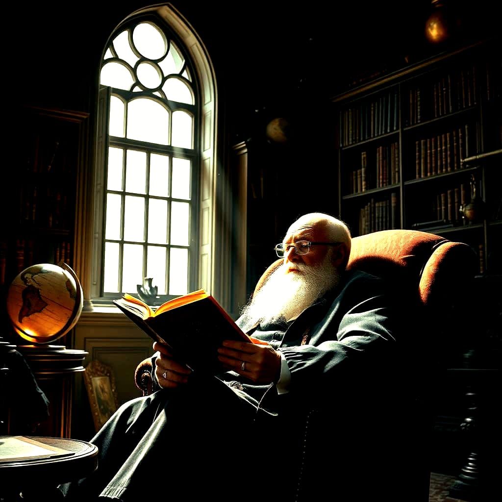 An elderly gentleman sits in a plush armchair in a dimly lit...