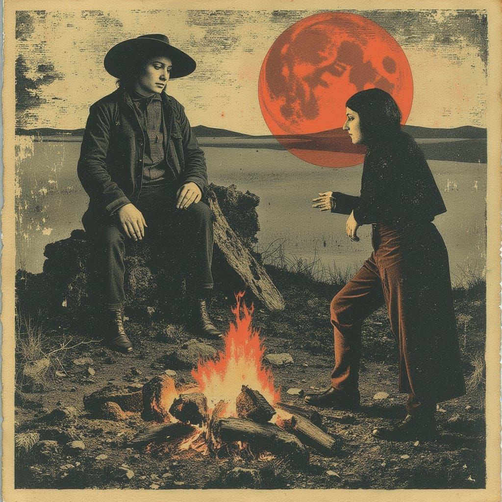 1940s Prairie Campfire Scene with Rancher and Native America...