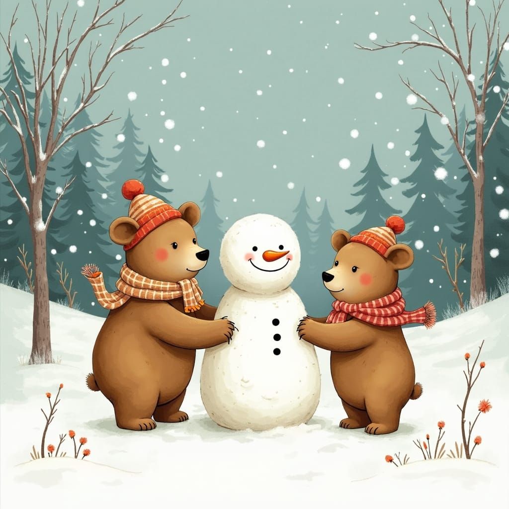 Cartoon Bears Build Snowman in Winter Forest