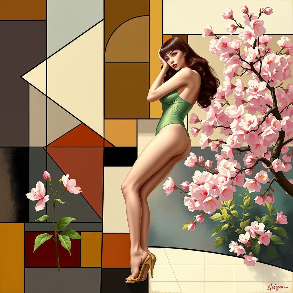 Mondrian-Inspired Pin-Up in Geometric Garden Scene