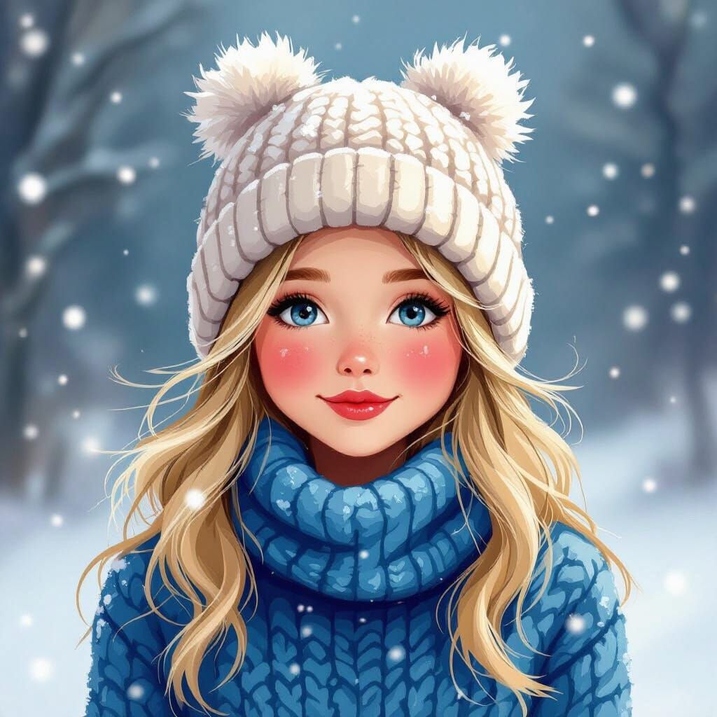 Pretty Blonde Girl in Pom Pom Hat on Snowy Day