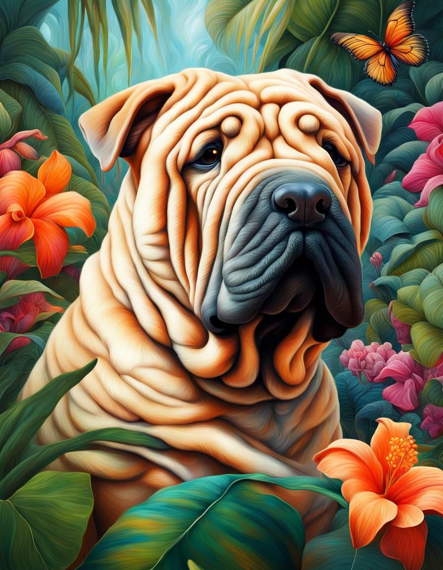 Lush Shar Pei in a Tropical Garden Oil Painting