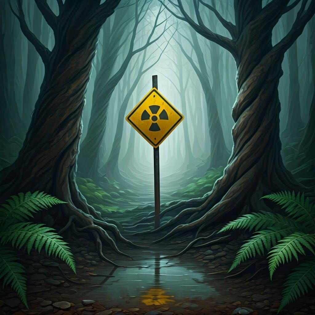 Eerie Nuclear Warning Sign in Misty Forest