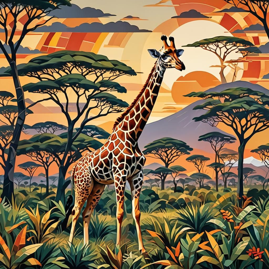 Giraffe in Savanna Sunset: Cubist Art Deco Style