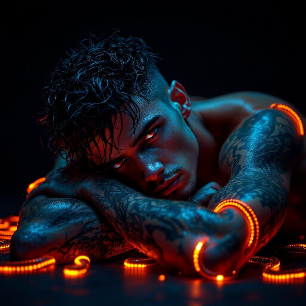 Chiseled Nordic Male Reclines in Contemplative Pose with Rad...