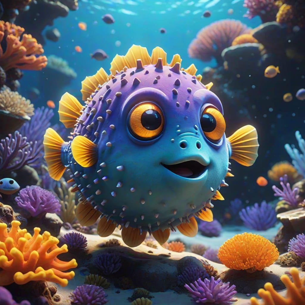 CGI fantasy creature: a tiny, ultra-cute pufferfish