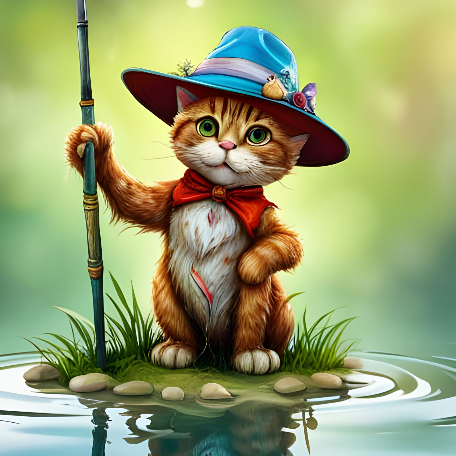 Cat Angler in Straw Hat: 3D Summer Illustration