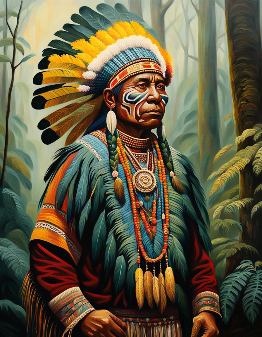 Indigenous Person in Rainforest: Oil Painting