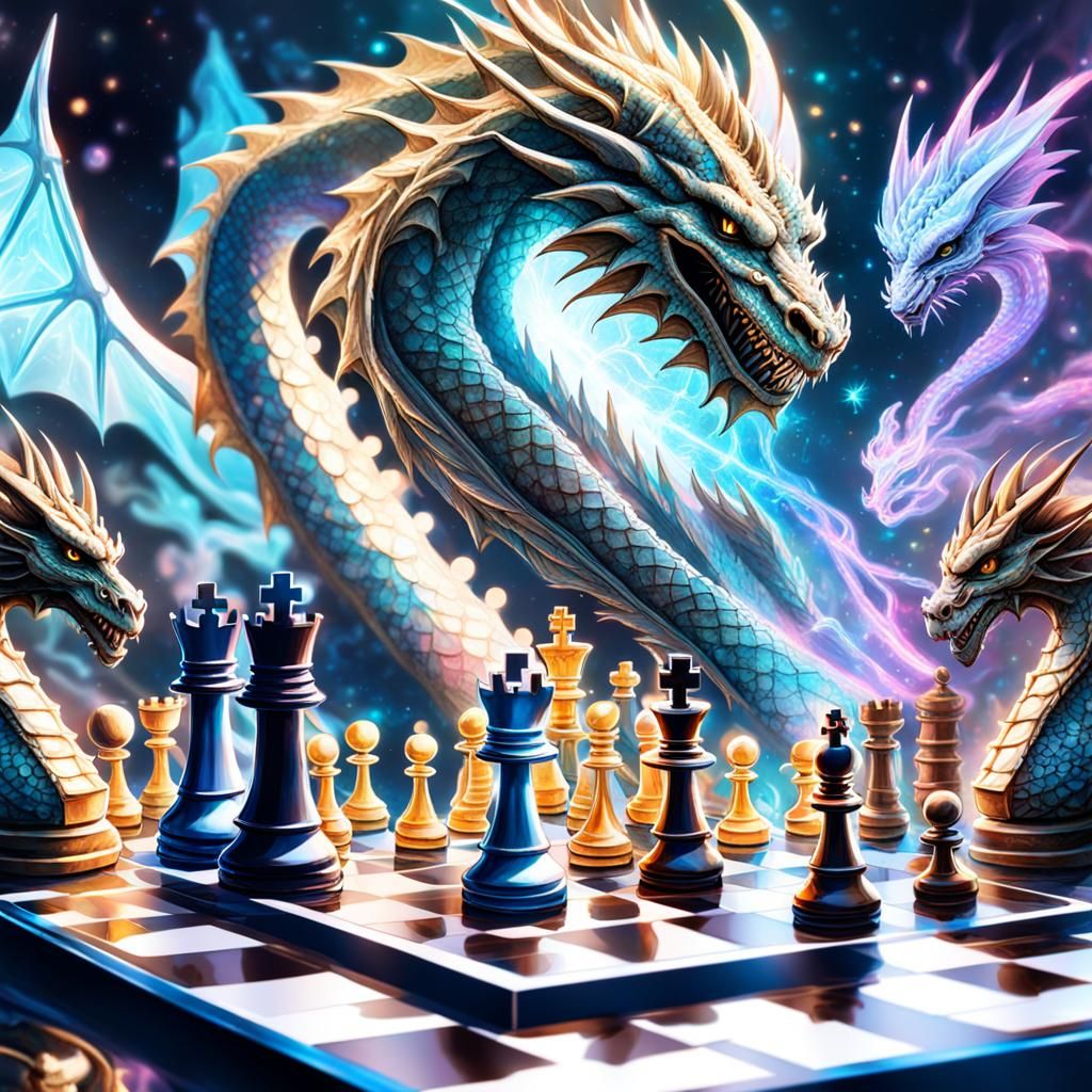 Holographic Chess Game Watched Over by Dragon