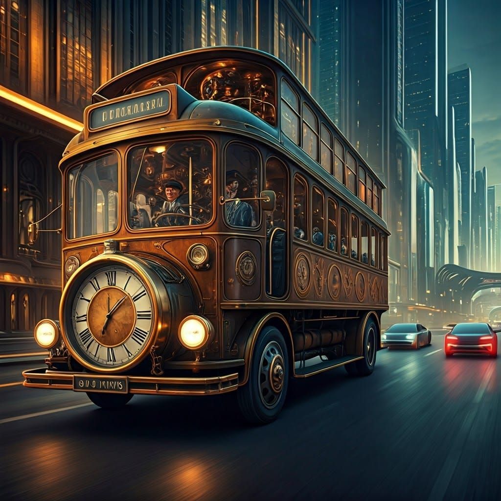 Clockwork Bus in Cyberpunk Cityscape, Art Deco Style