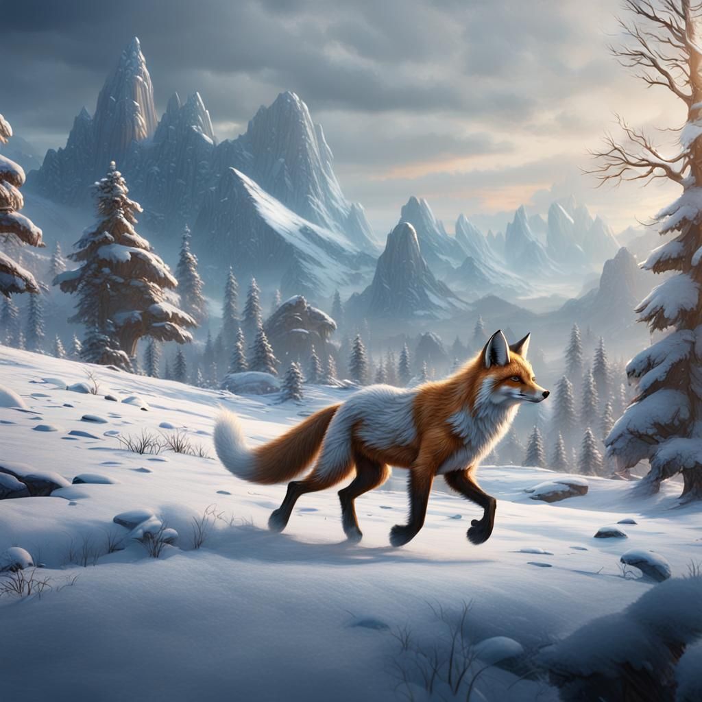 Snow Fox in Winter Landscape, Digital Art