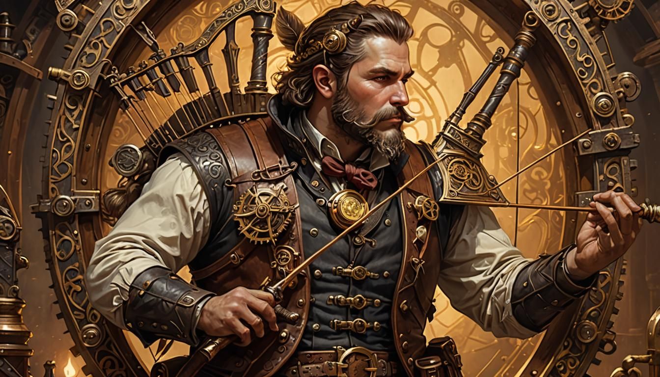 Steampunk Bard with Harp Bow Illustration