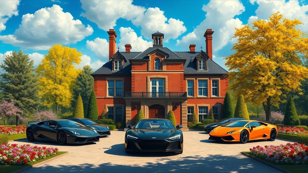 Grand Chateau Surrounded by Supercars and Vibrant Nature