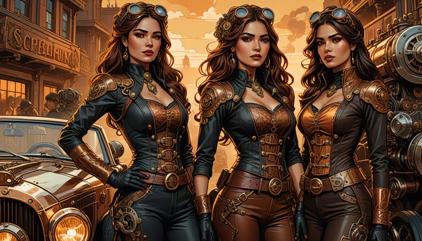 Steampunk Women with Auto-Racing Car in Comic Book Art