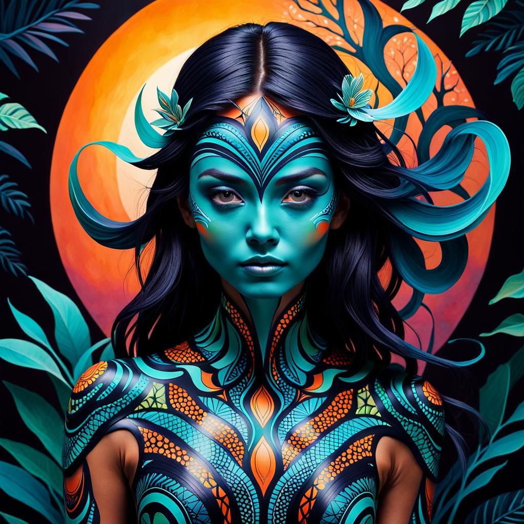 Harmonious Bioluminescent Body Painting: Organic Geometric D...