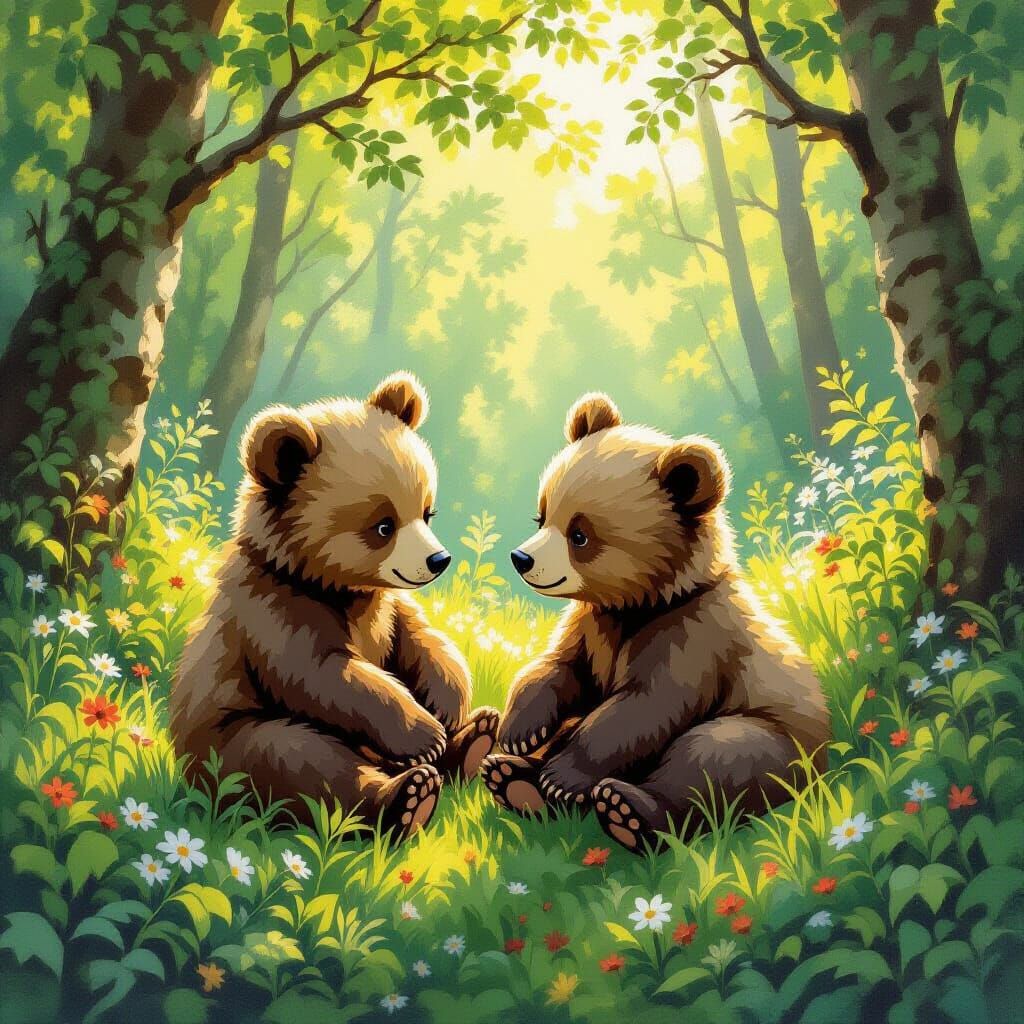 Playful Bear Cubs in Forest, as Woodcut Print