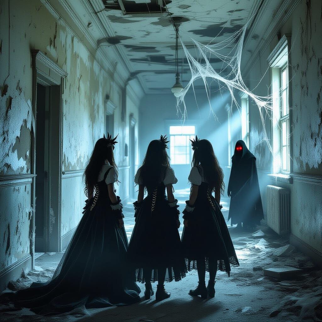 Fantasy Costumed Teens in Haunted School Hallway