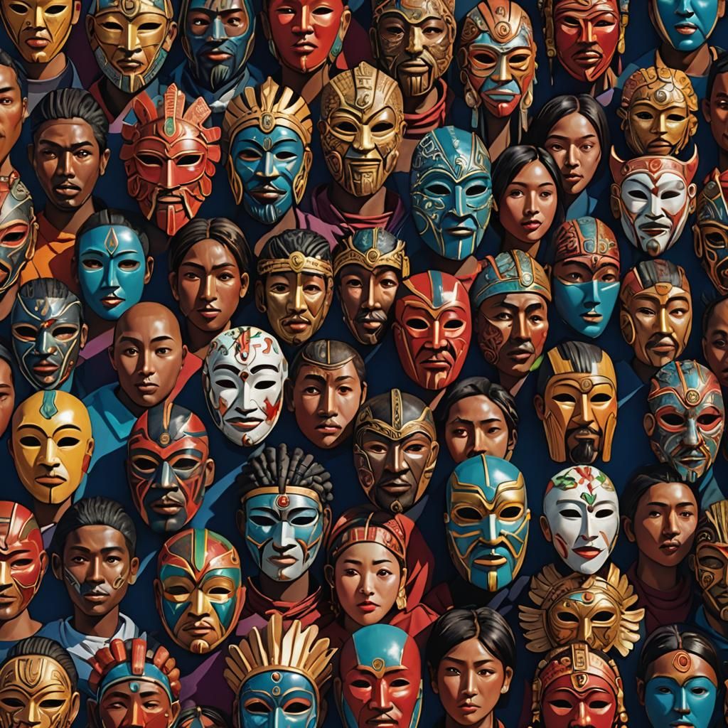 Diverse Group Wearing Cultural Masks in Splash Art