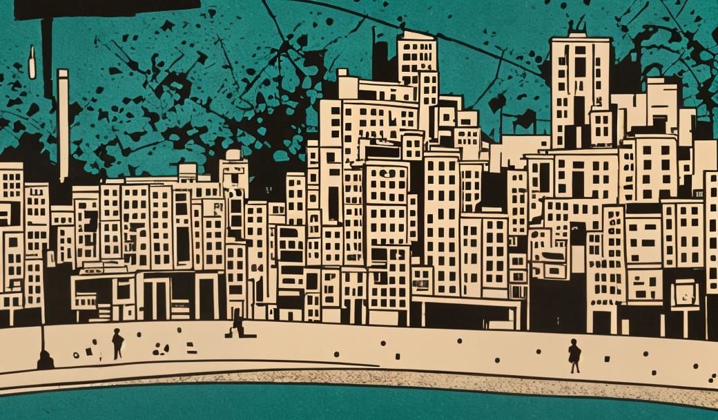 Abstract Architectural Forms in Linocut Style