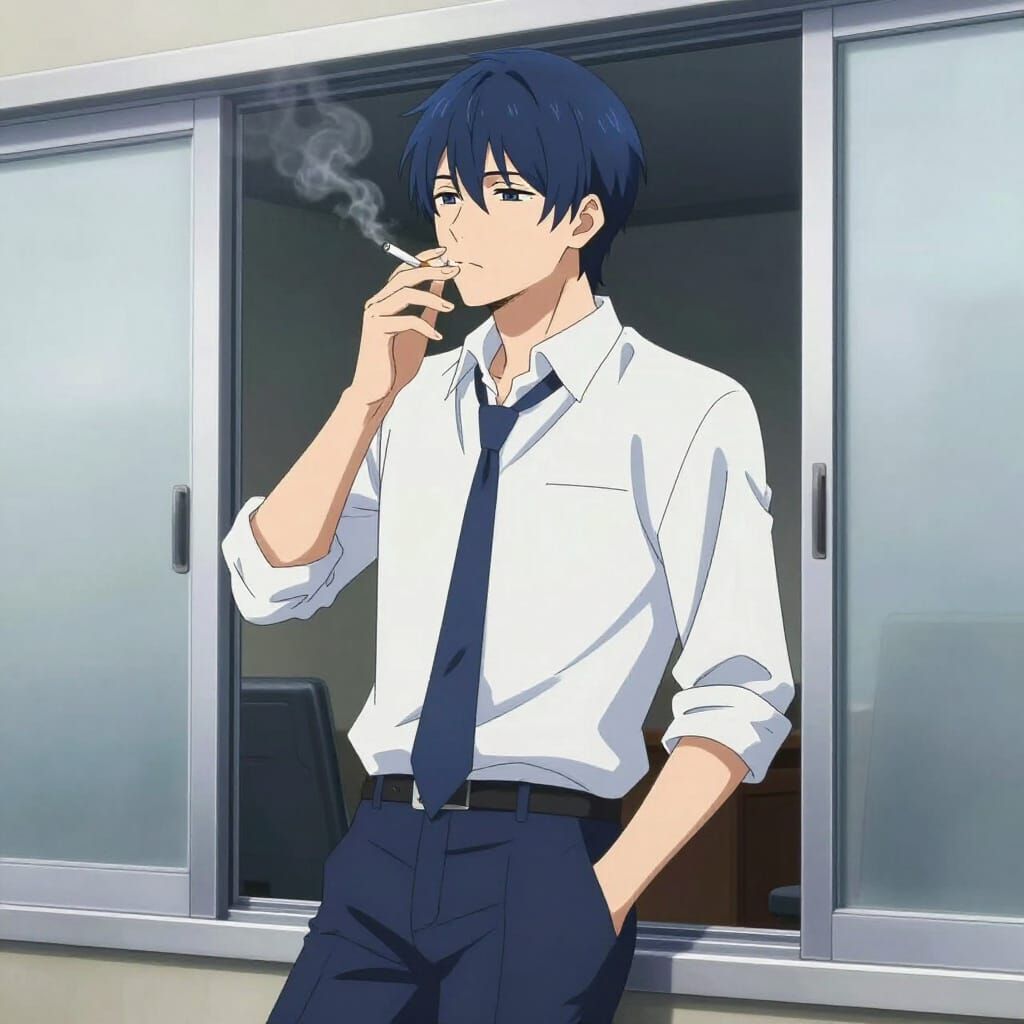 Stressed Businessman Leans Out Office Window Smoking