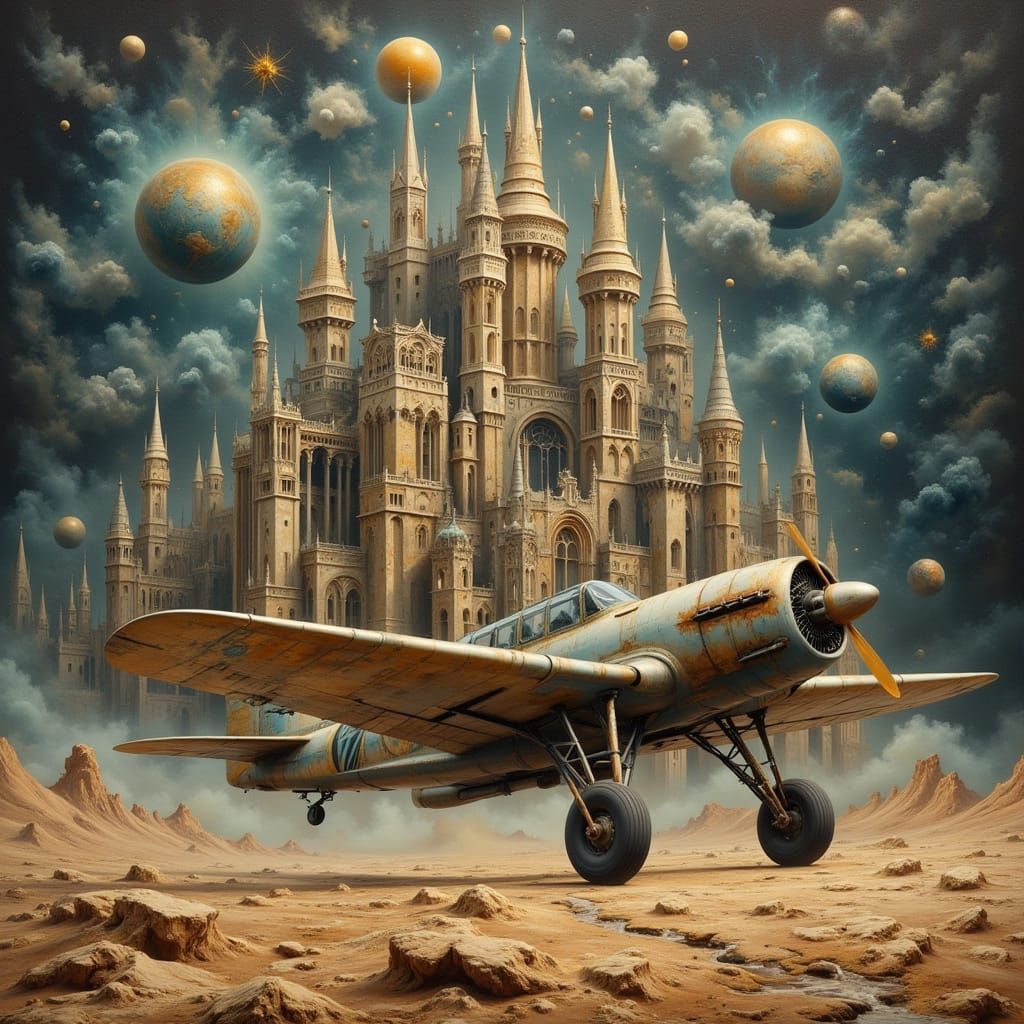 Vintage Airplane Lands on Lunar Surface in Surrealist Style