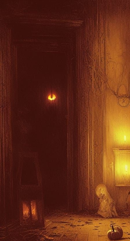 Haunted House with Pumpkin in Engraving Style