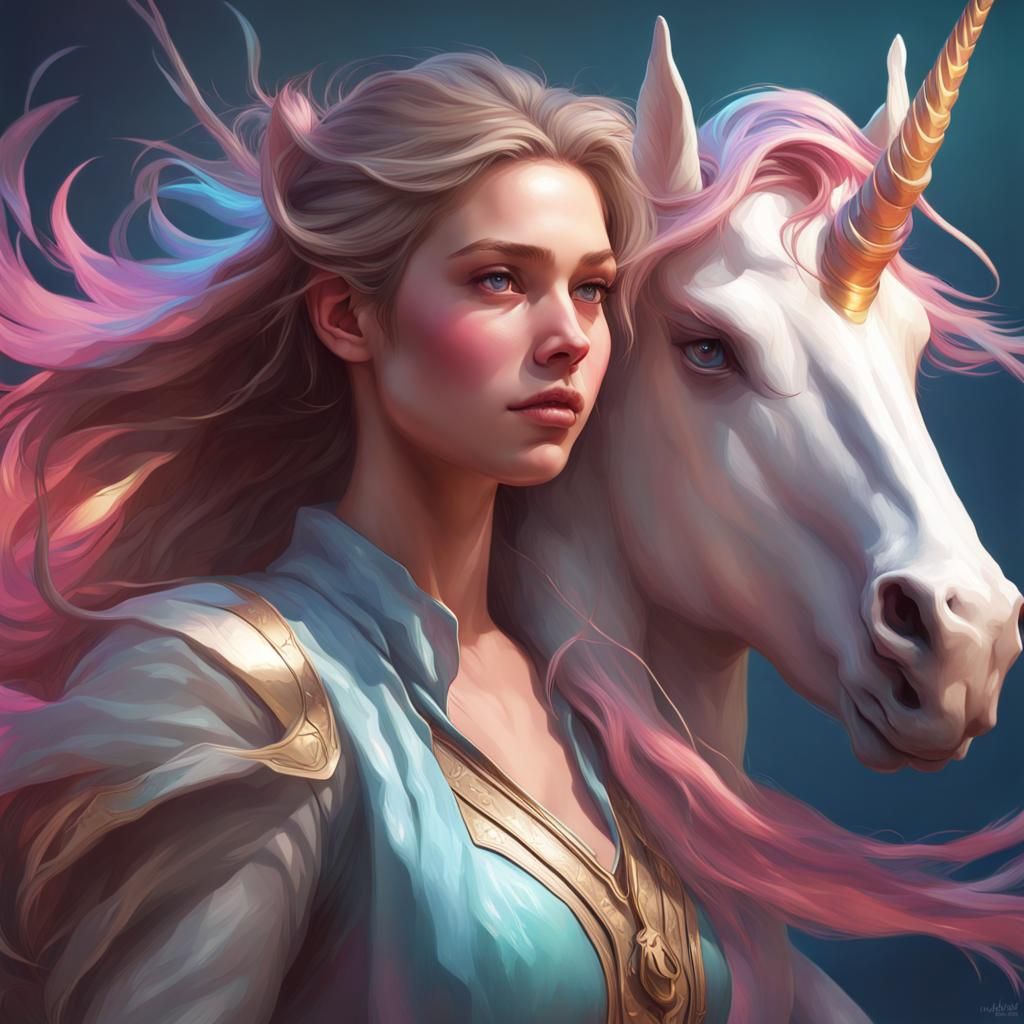 Girl Riding Unicorn Portrait in Hyperdetailed Style