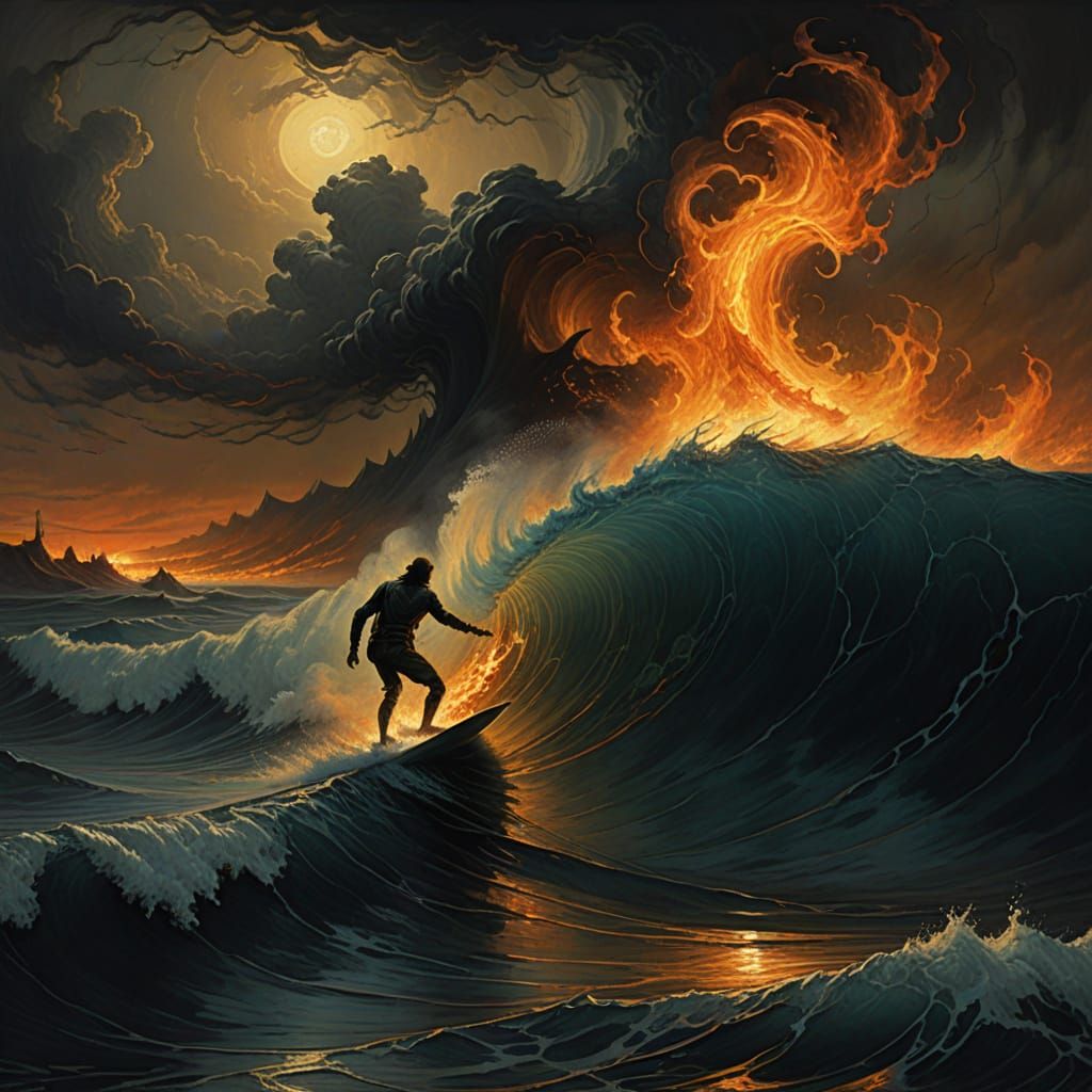 Surfer Rides Burning Wave in Dark Fantasy Art