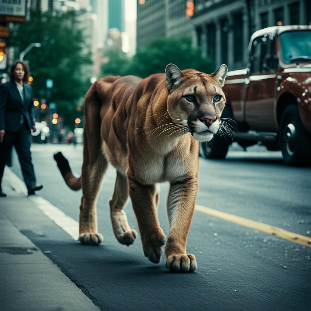 Cougar Strolls Through City Street in Cinematic Style