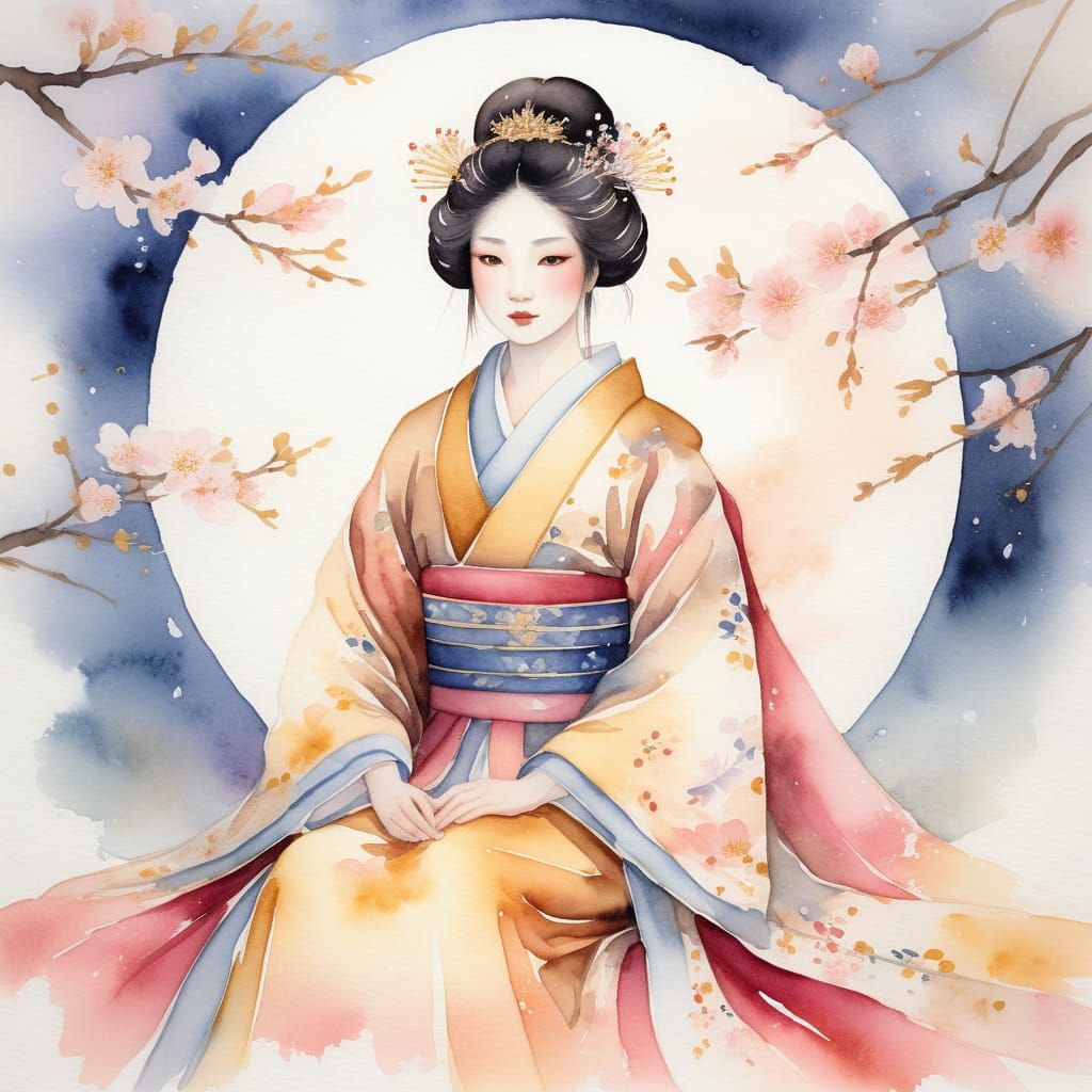 Amaratsu Queen on Throne in Japanese Watercolor