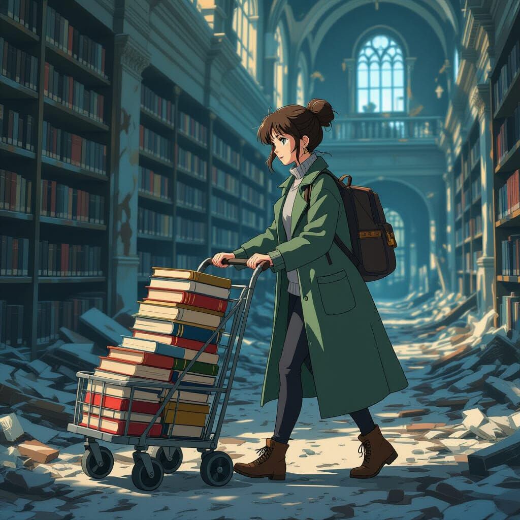 Woman Pushing Book Cart Through Ruined Library