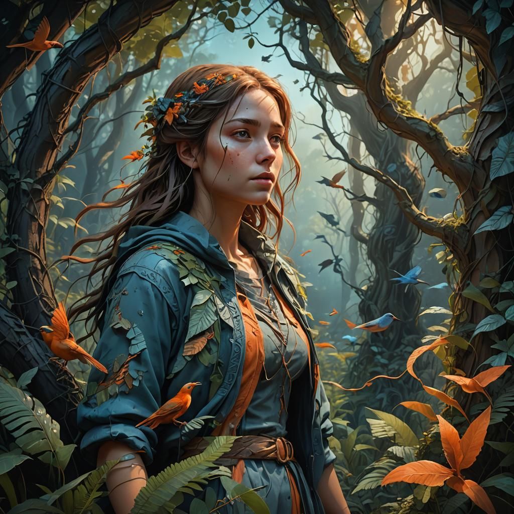 Fantasy Girl Lost in Forest, 3D Rendered Bas-Relief