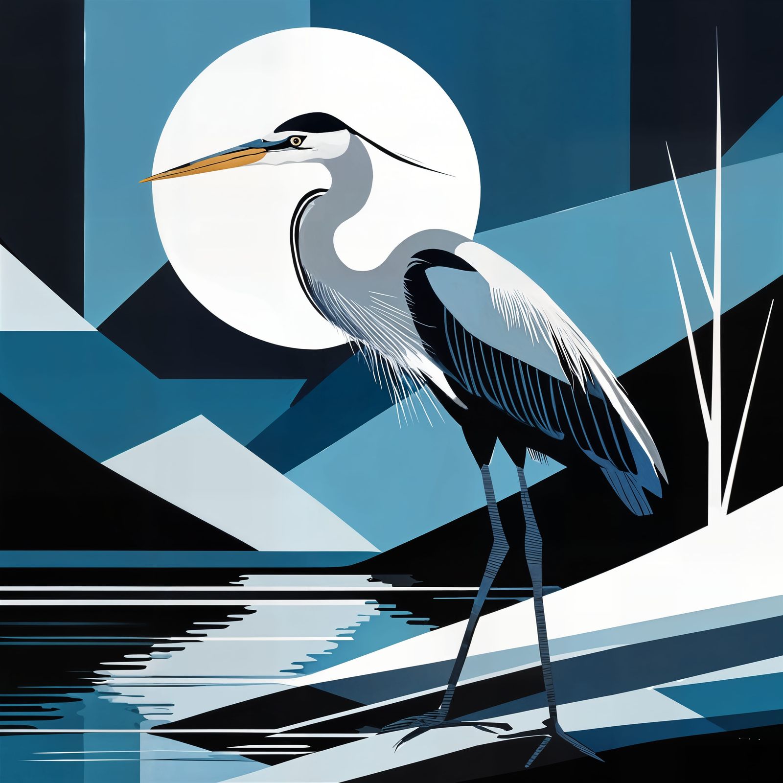 Sleek Modern Heron in Moonlit Abstraction