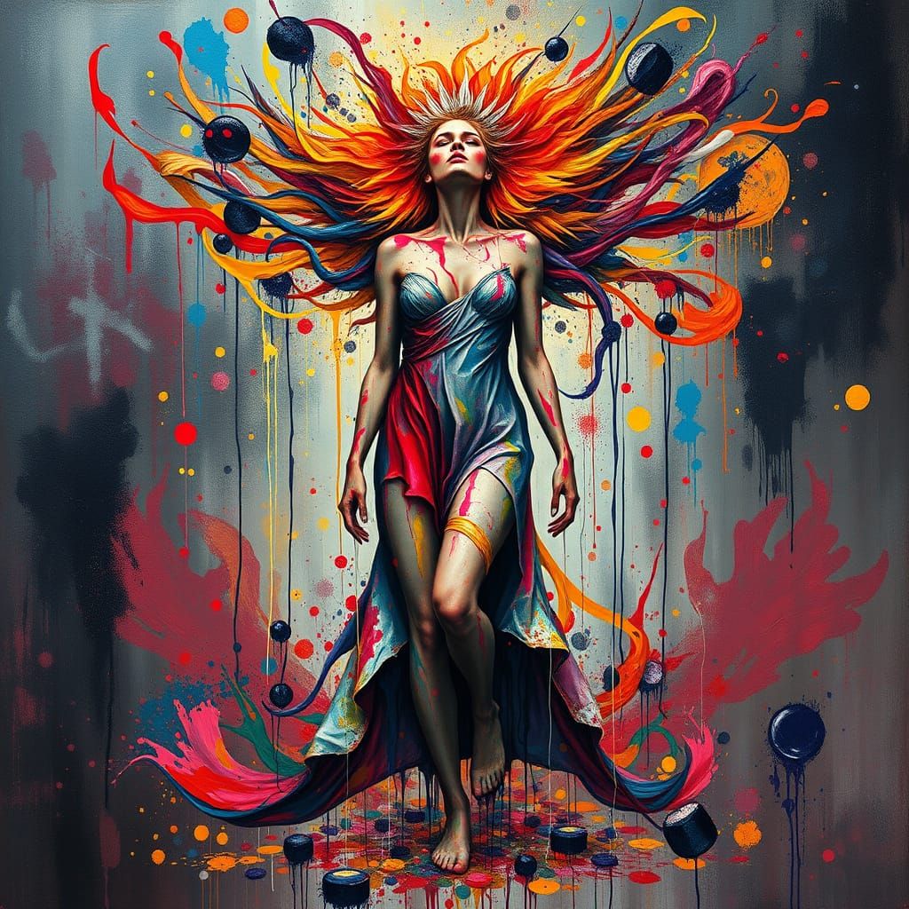 Celestial Woman in Chaotic Expressionist Mixed Media