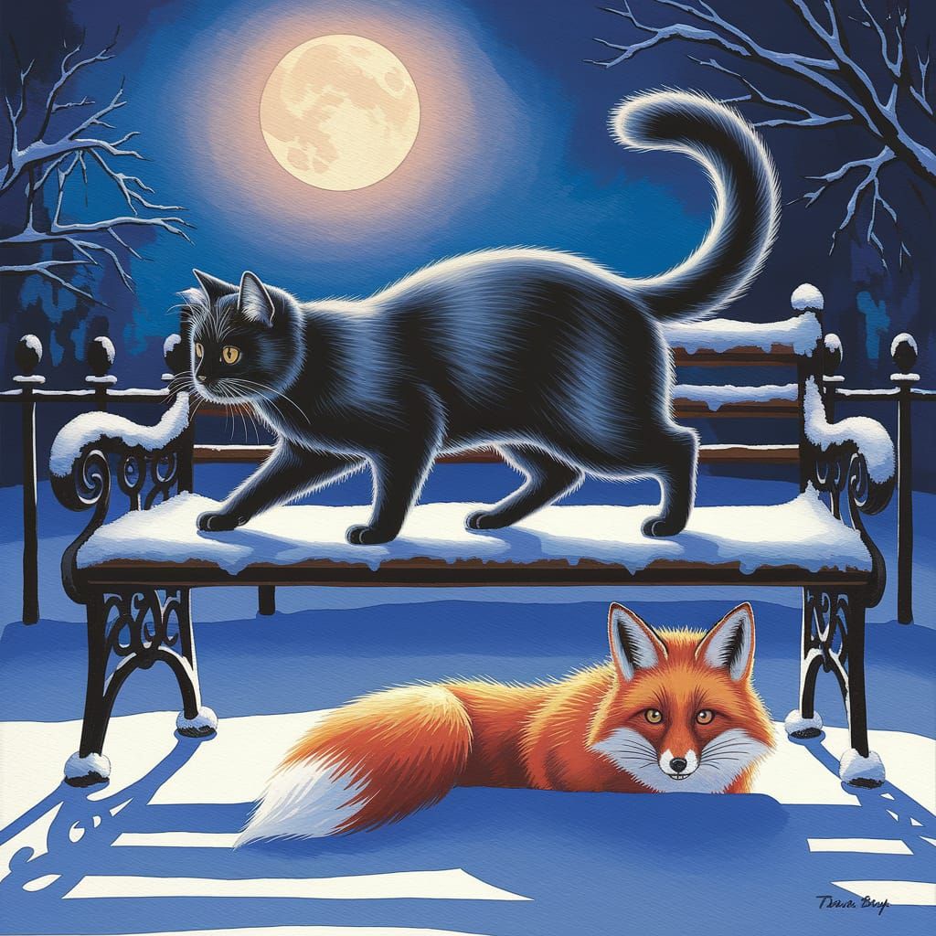 Black Cat and Fox in London Park, Gouache Painting