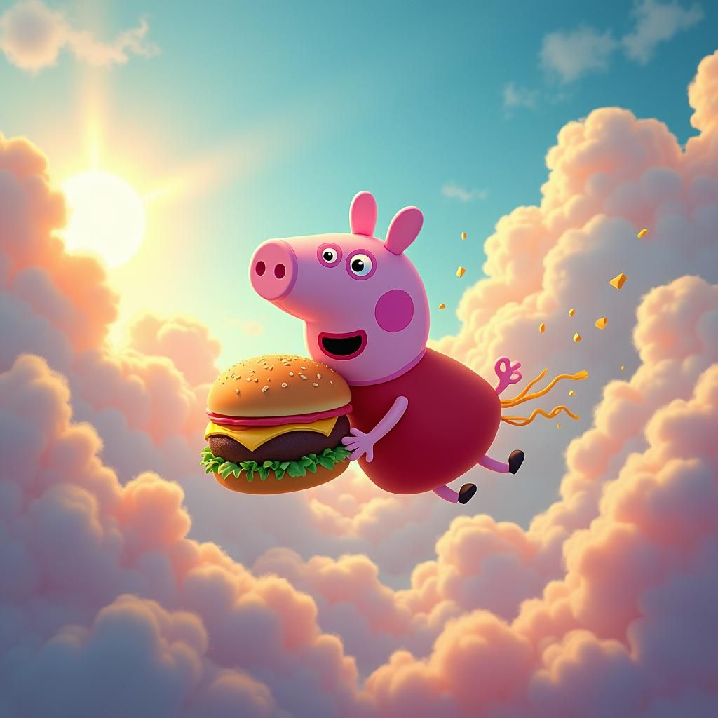 Peppa Pig Soaring with Cheeseburger, Matte Painting