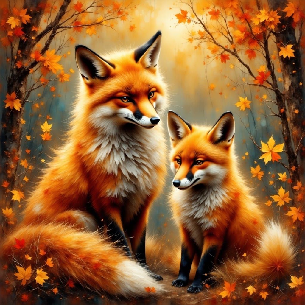 Elegant Fox Family Amidst Autumn Forest