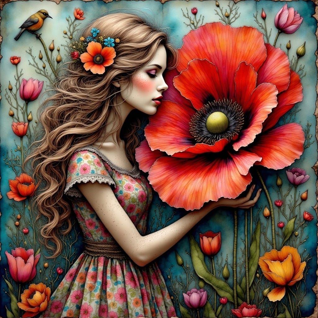 Dreamlike Garden Scene with Woman and Red Poppy