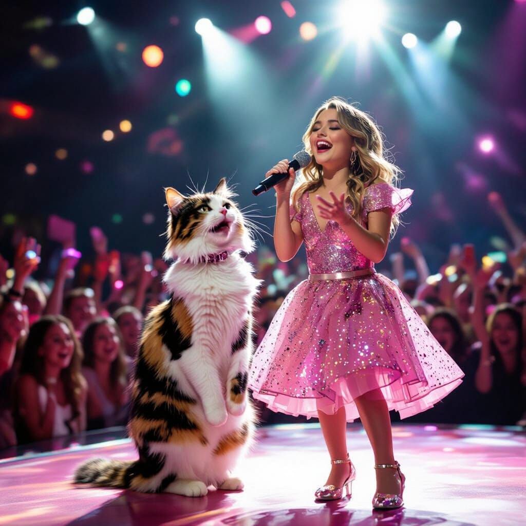 Calico Cat Sings with Sabrina Carpenter in Pop Concert Style