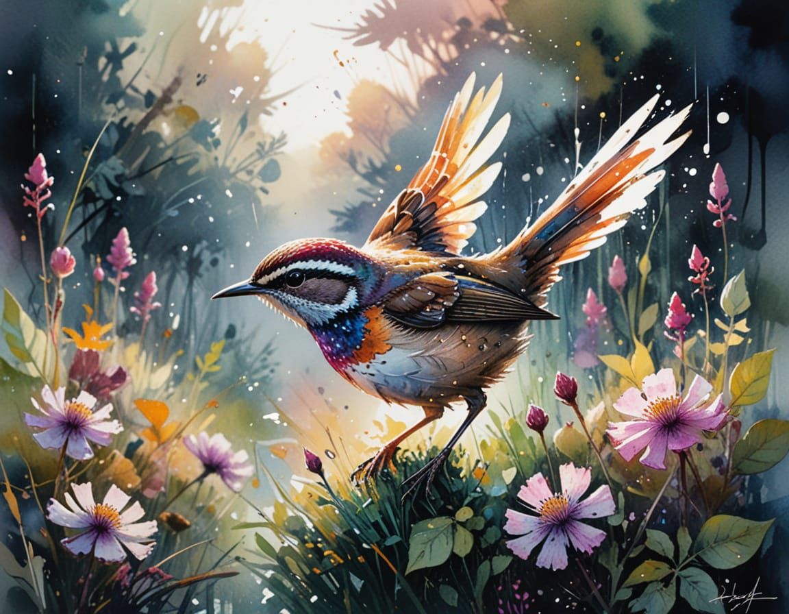 Radiant Wren in Vibrant Garden at Dusk