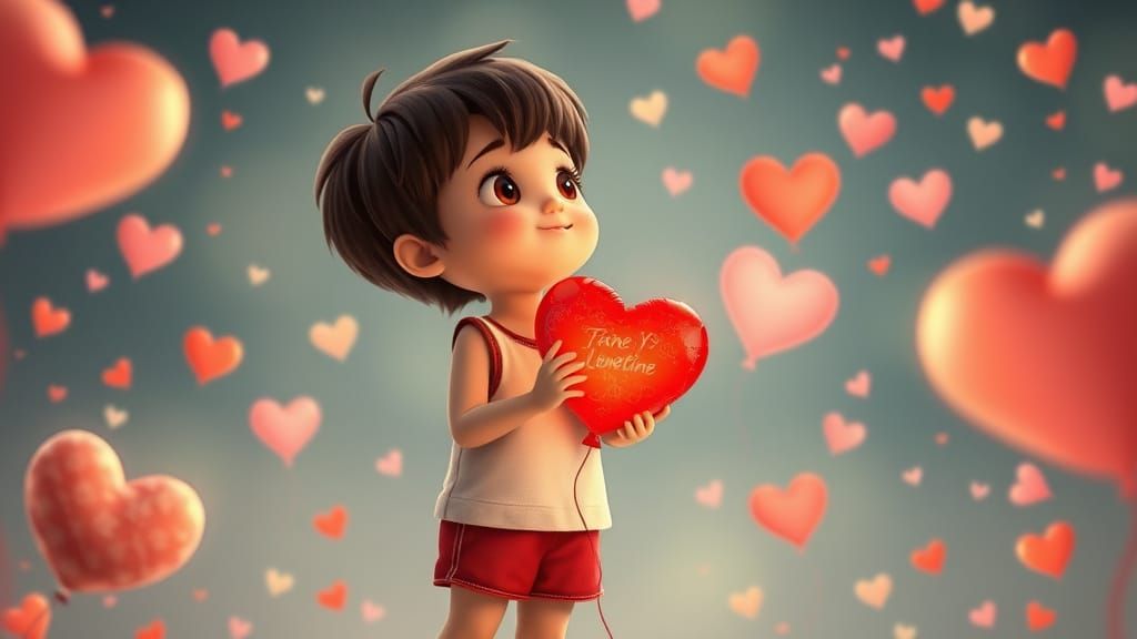 Child Gazing at Heart Balloon in Whimsical Style