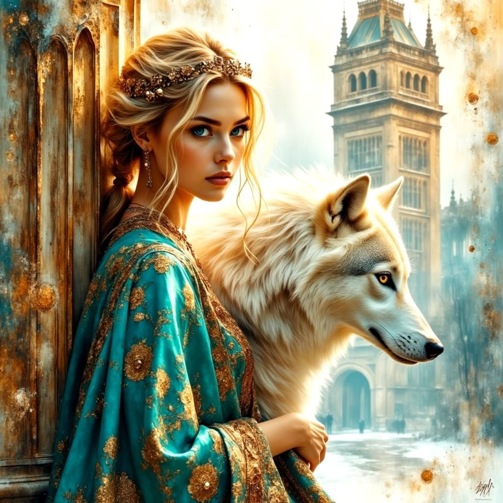 Ethereal Blond Goddess Surrounded by Majestic White Wolf in ...