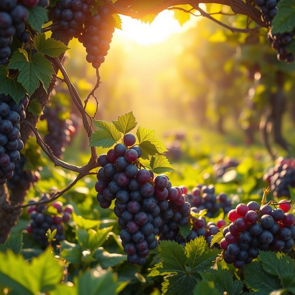 Vibrant Grapes in a Sun-Drenched Fantasy Field