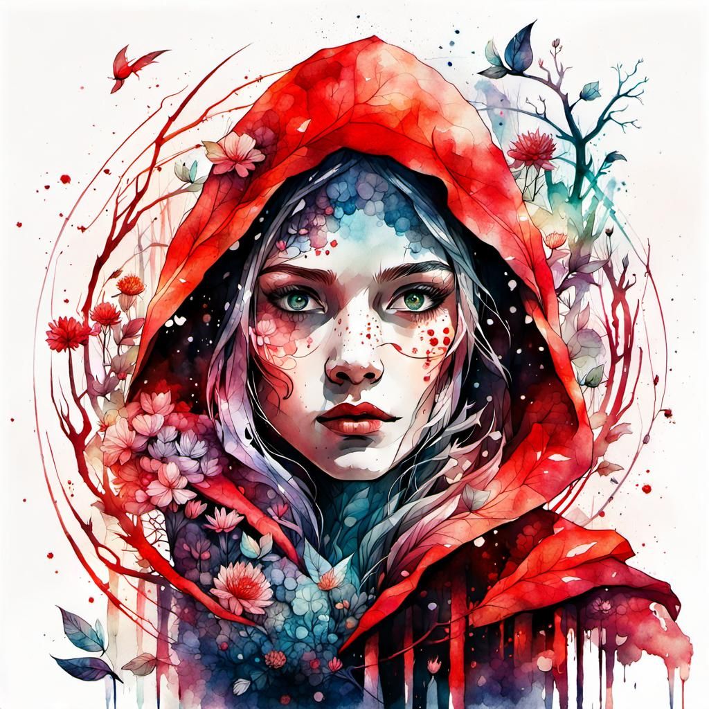 Red Riding Hood Double Exposure Watercolor Illustration
